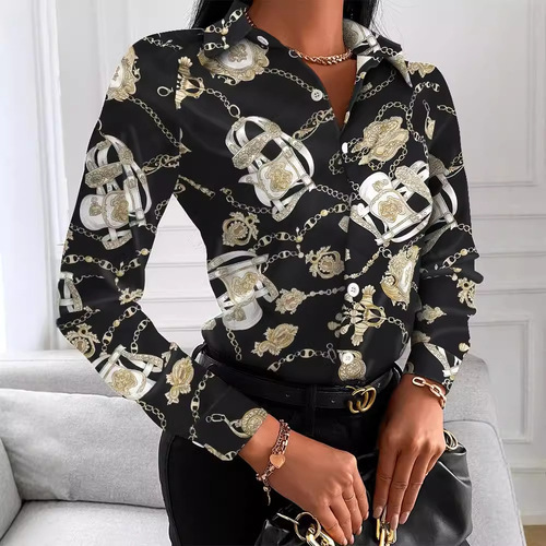 Wish Amazon Autumn Loose Long-Sleeve V-Neck Button Print Shirt Women's