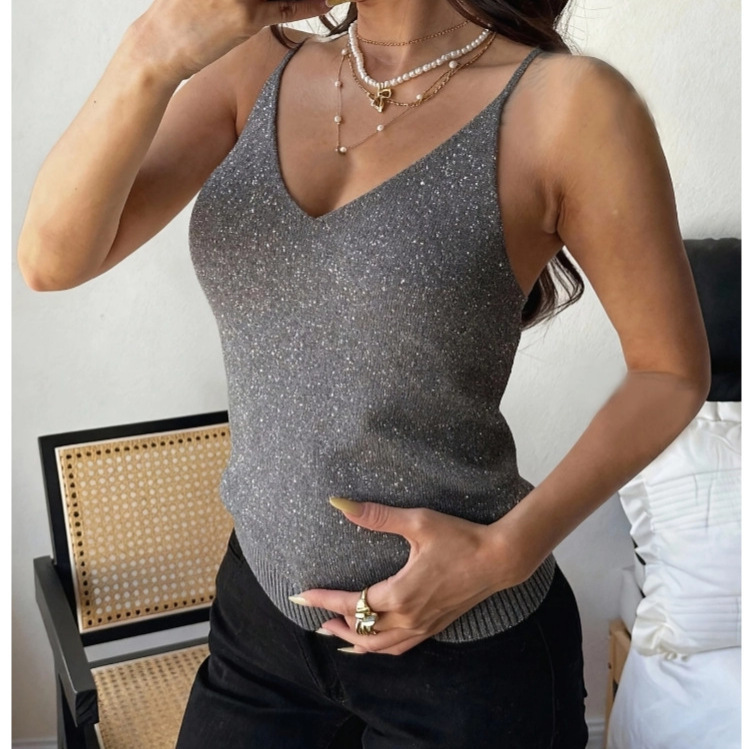Shiny Metallic Thread Knit Camisole for Women, V-Neck Slim Fit Undershirt with Thin Straps and Sequins Shiny Metallic Thread Knit Camisole for Women, V-Neck Slim Fit Undershirt with Thin Straps and Sequins