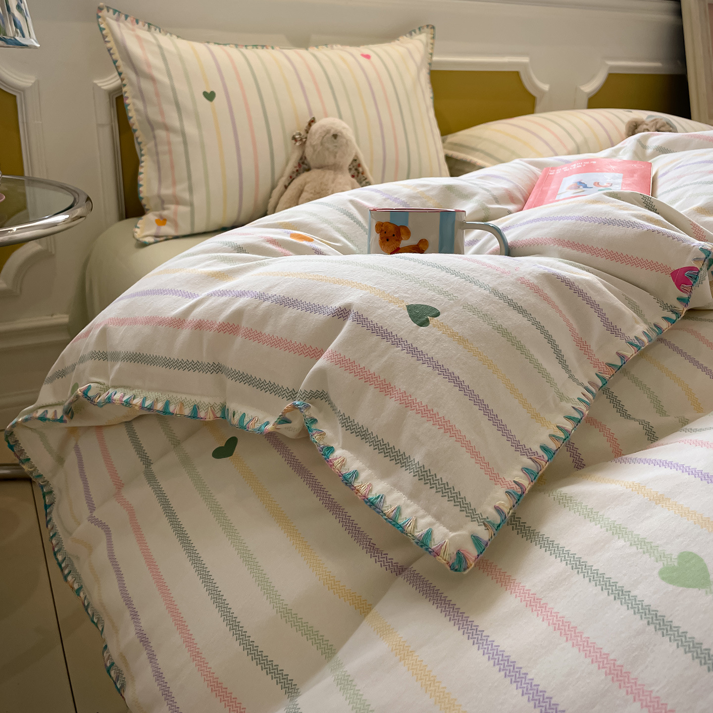 100% algodón clase A algodón madres y bebés borde de concha molido cuatro piezas de sábanas de algodón puro cama dormitorio cubierta de edredón