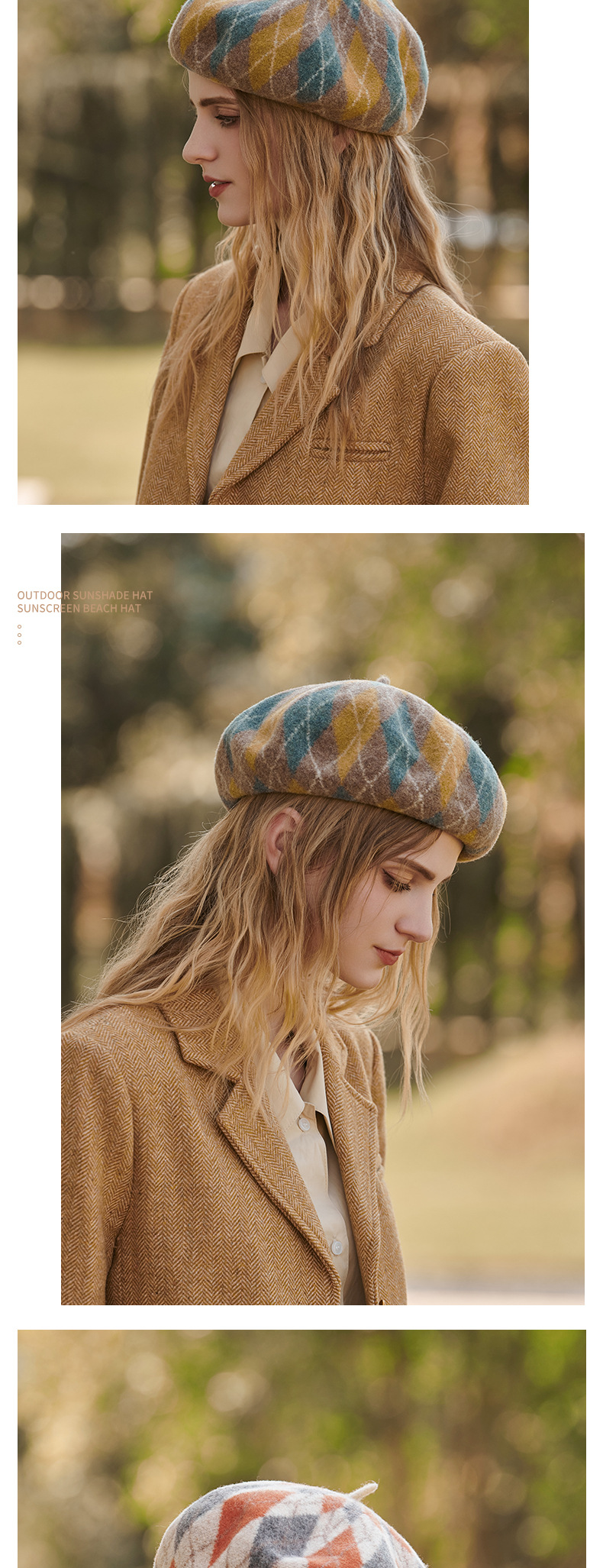 Unisex Contrasting wool berets Fashion casual Autumn/Winter warm and thick plaid patchwork artist hat_voghion.com