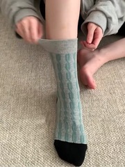 Women's Vintage Cable Knit Plaid Color Block Sock with Vertical Stripes