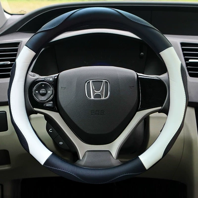 Fashionable Patchwork Leather Steering Wheel Cover, Universal for All Seasons, with Massage Function, Car Interior Accessory (Steering wheel cover) - black-and-white-38cm