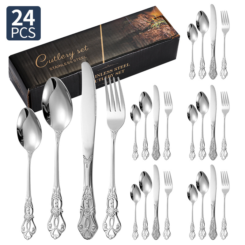 Amazon corte imperial cubiertos de acero inoxidable cuchillo y tenedor cucharas 20 / 24 / 30 piezas conjunto retro relieve cuchillo y tenedor de filete occidental