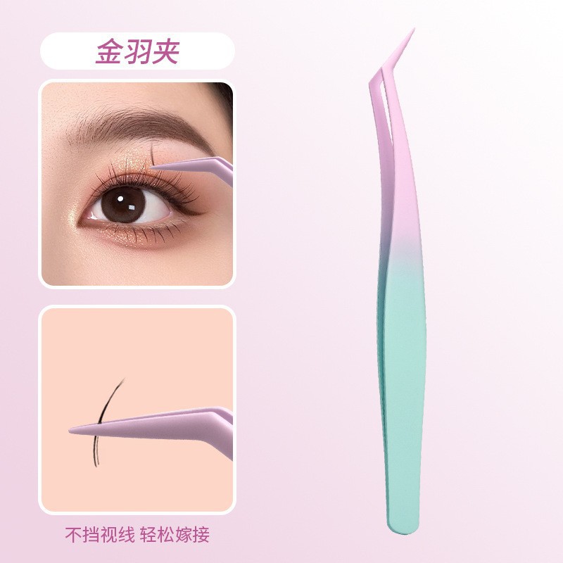Acero inoxidable gradiente color antiadherente falso pestañas pinzas DIY pinzas no pegajosas pinzas de pluma de oro