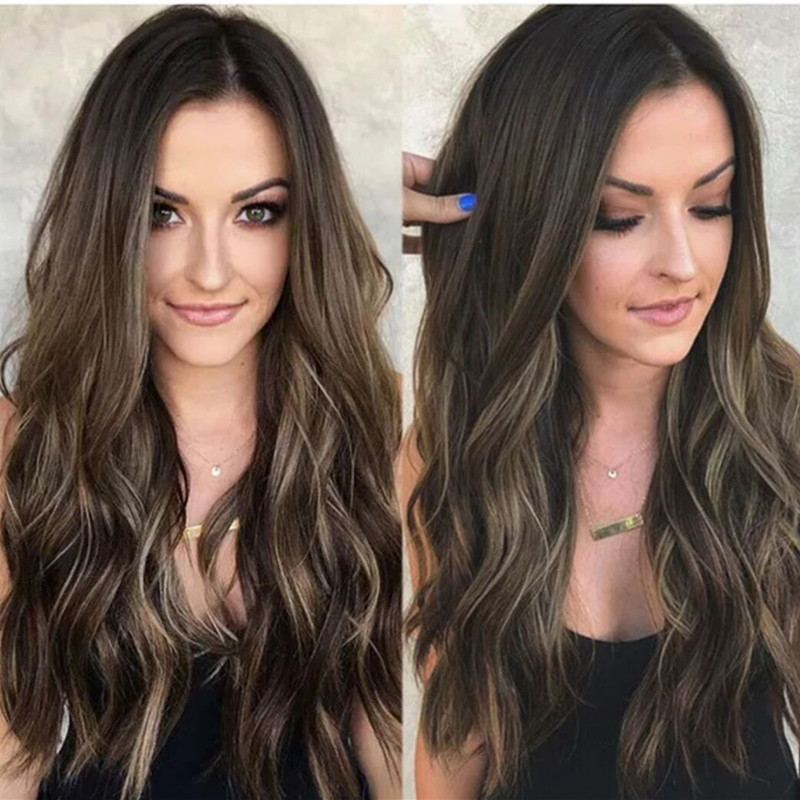 Συνθετική περούκα 2023 Νέα περούκα Γυναικεία μεσαία σχισμένη μακριά σγουρά με μεγάλους κυματισμούς καφέ κηλίδας, βαμμένη από συνθετικές ίνες για μαλλιά ολόκληρο σετ κεφαλιού_voghion.com