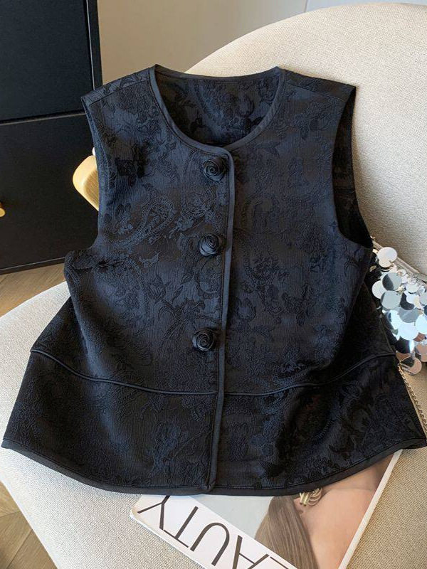 Áo ghi lê nữ dáng cardigan không tay họa tiết hoa jacquard, dài áo 50–65 cm — màu đen