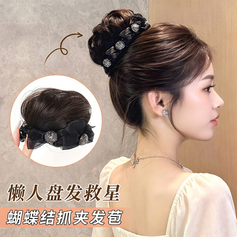 Ponytail Wig with Bowknot and Rhinestones, Clip-On Hair Bun, Integrated Elegant and Luxurious Hairstyle, Xuchang Factory