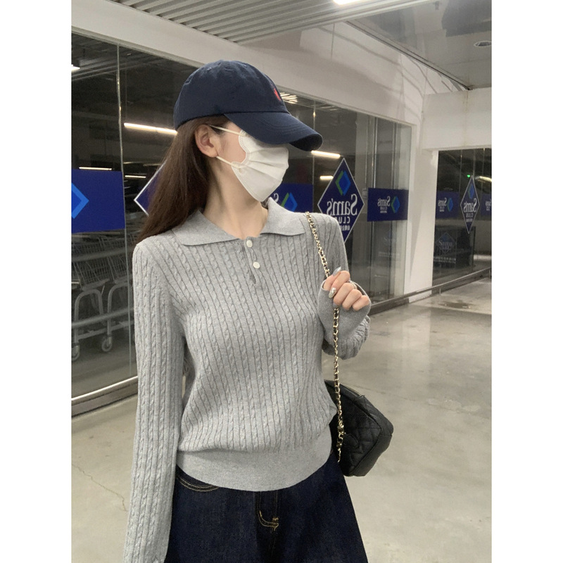 2025秋季韩版气质减龄polo领麻花纽扣正肩针织衫长袖上衣女装新款|undefined