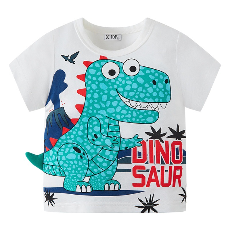 Ropa infantil 2025, camiseta de verano de manga corta con diseño de dinosaurio 3D para niños pequeños, top de punto, venta al por mayor de una sola pieza.