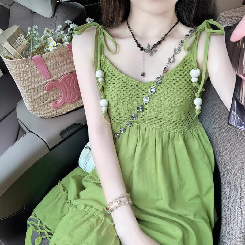 Forest Style Fresh Green Tassel Suspender Dress Summer New Bohemian Style Design Holiday Skirt for Women