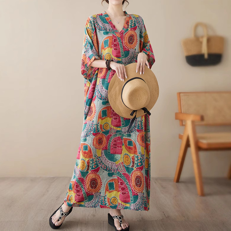 2025 New Summer Style Literary Large Size Loose Holiday Style V Neck Short-Sleeved Dress Women's Beach Skirt Long Skirt