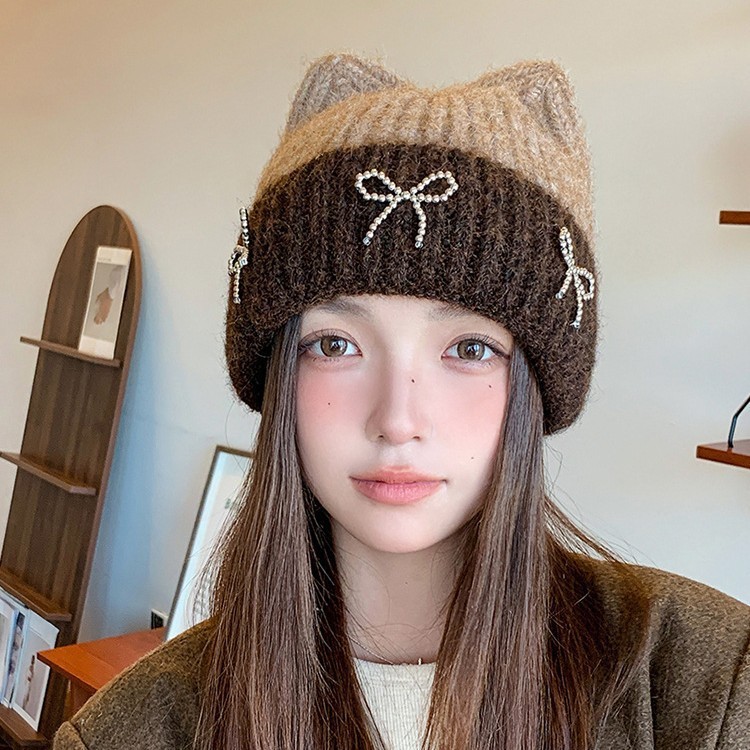 秋冬新款可爱猫耳朵蝴蝶结毛线帽百搭女款大头围护耳针织冷帽批发|undefined