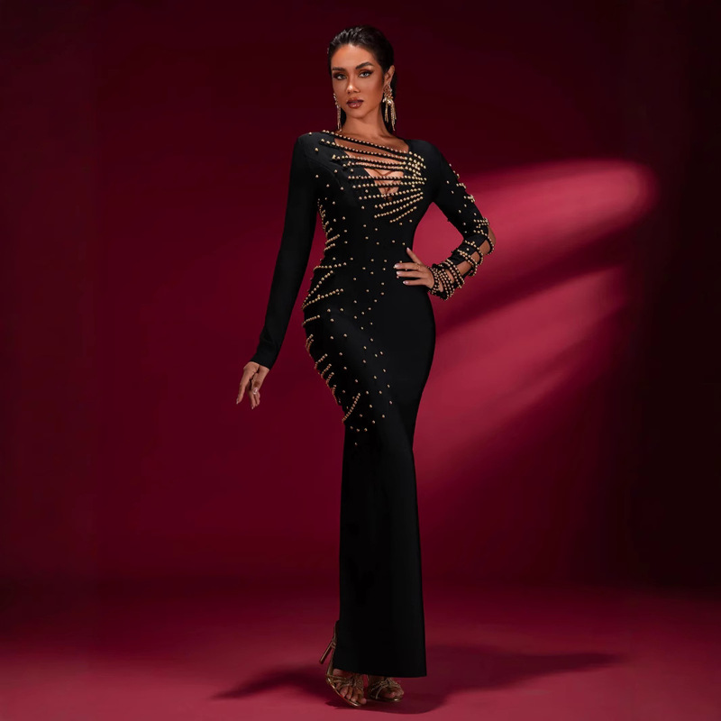 In Stock 2025 European and American Style Elegant Heavy Beaded Long-Sleeved Long Dress Formal Gown Black Evening Dress