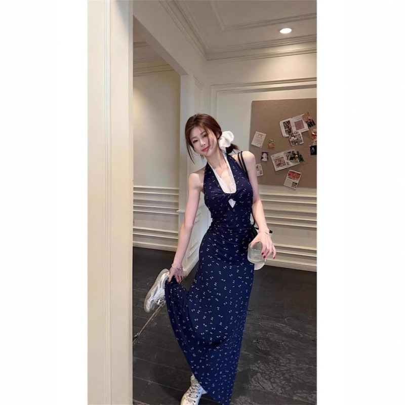[Factory Ready Stock] Korean Style Sexy Halterneck V-Neck Floral Dress Niche Non-Colliding Slim Long Skirt Summer