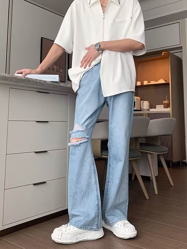 Summer Stylish Flared Jeans with Ripped Knees for Men, Korean Style Trendy Versatile High Street Loose Fit Pants