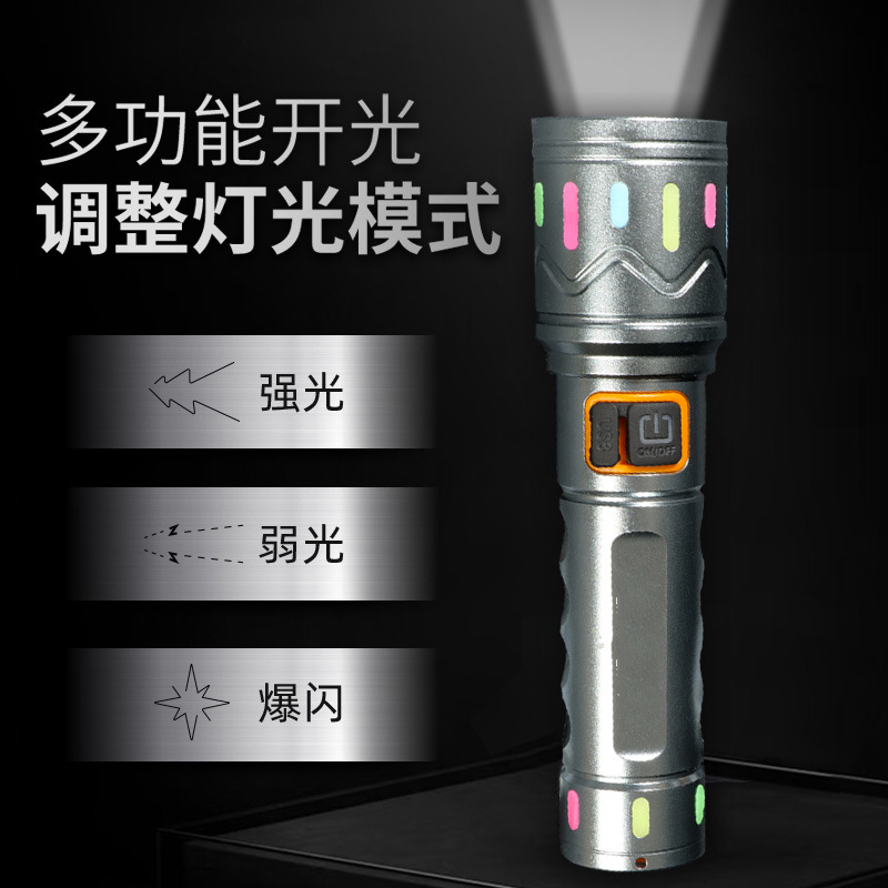 Linterna de luz fuerte con zoom telescópico multifuncional, linterna láser de mano recargable portátil de emergencia para el hogar al aire libre