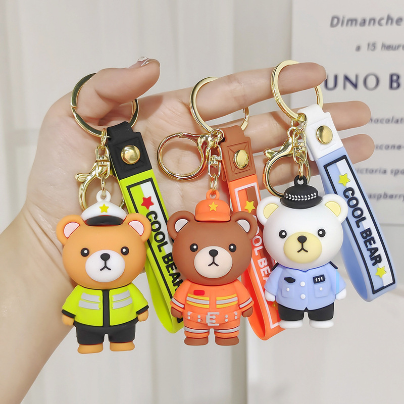 Internet Celebrity Cartoon Police Uniform Bear Keychain Pendant Traffic Police Firefighter Doll Gift Bag Pendant Cute Thing