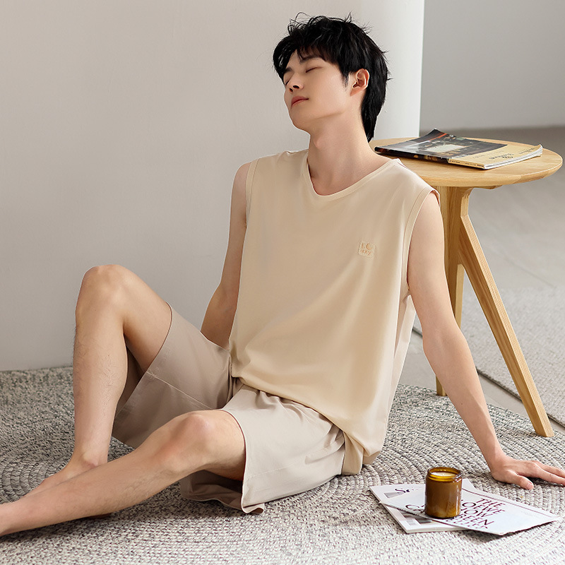 スポットモーダルパジャマメンズ夏新作メンズアイスシルク夏半袖ショーツ薄手ホームウェアセット|undefined
