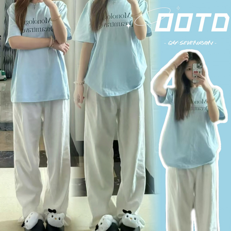 Maternity Wear Summer New Style Blue Short-Sleeved T-Shirt with White Drawstring Pants Two-Piece Set