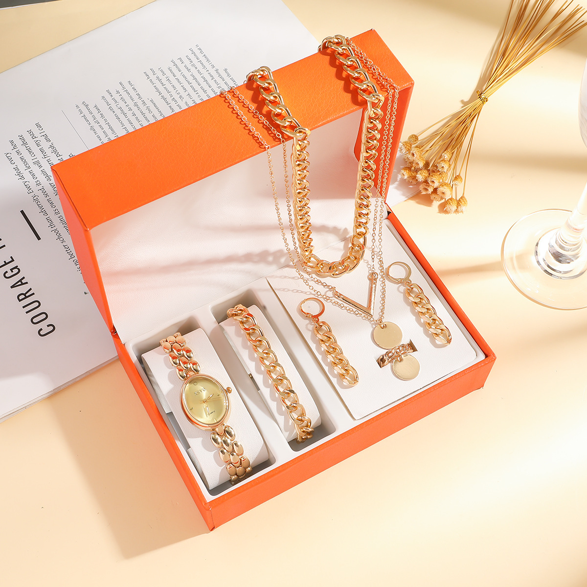 时尚水滴形手表高级轻奢多层项链毛衣链腕表手链耳环饰品礼盒套装