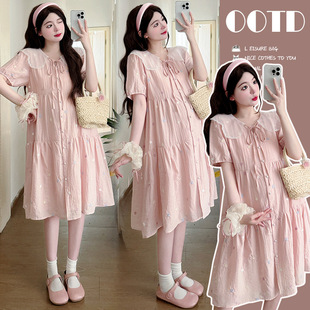 Maternity Wear 2025 New Summer Style Sweet Age-Reducing Doll Collar Splicing Colorful Polka Dot Mid-Length Dress