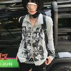 アメリカのレトロなカーディガンの女性の秋のパンク長袖tシャツはヴィンテージの亜文化ファスナーの上着を修理します。
