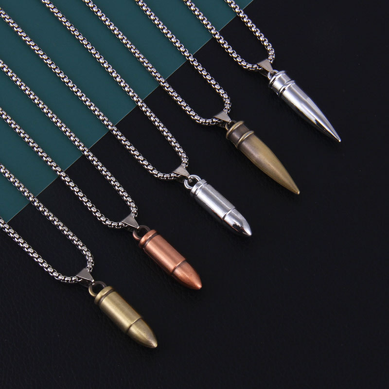 欧美嘻哈霸气子弹头不锈钢项链批发男个性光面模型弹壳长款毛衣链
