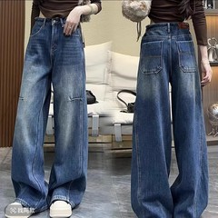 レトロな古い水洗いジーンズの女性春夏の新型高腰ストレートカジュアルパンツがゆったりと曲がっています。