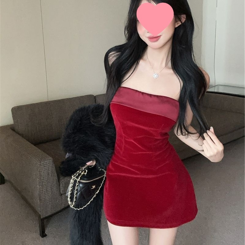 Christmas and New Year Red Strapless Slim Dress for Hot Girls, Slimming Nightclub Short Skirt, Elegant Waist-Cinching Dress