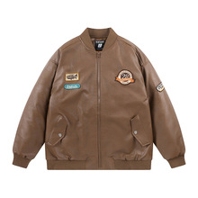 南夏乔装2023冬季新款纯色贴标装饰立领皮棉衣日系复古PU皮棉服男