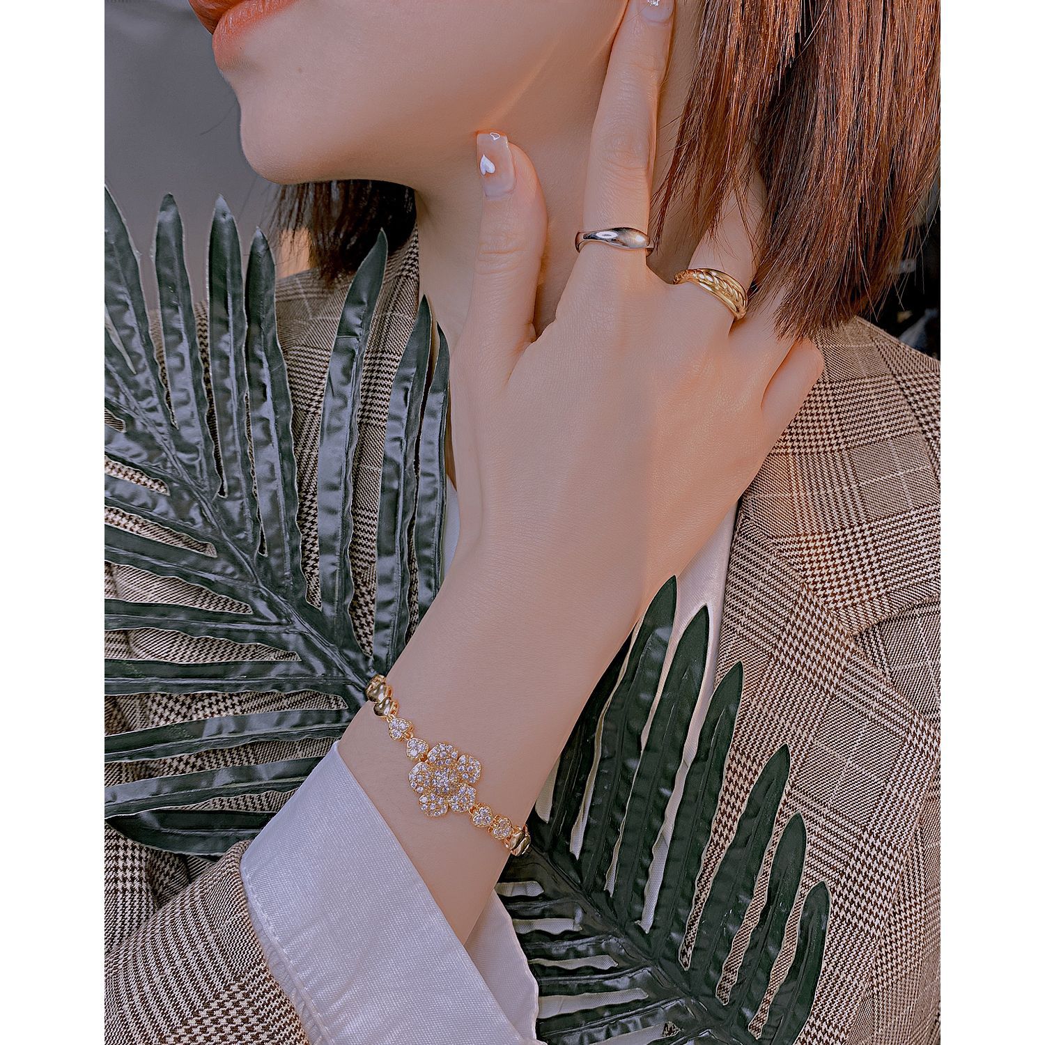 OPK饰品欧美跨境新款流行创意设计爱心拼接镶钻花朵网红铜手链女