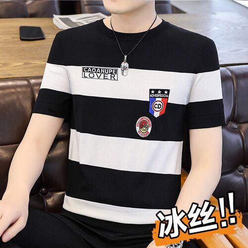 Summer men's short-sleeved T-shirt ice silk high-end round neck contrast striped thin T-shirt half-sleeved men's top