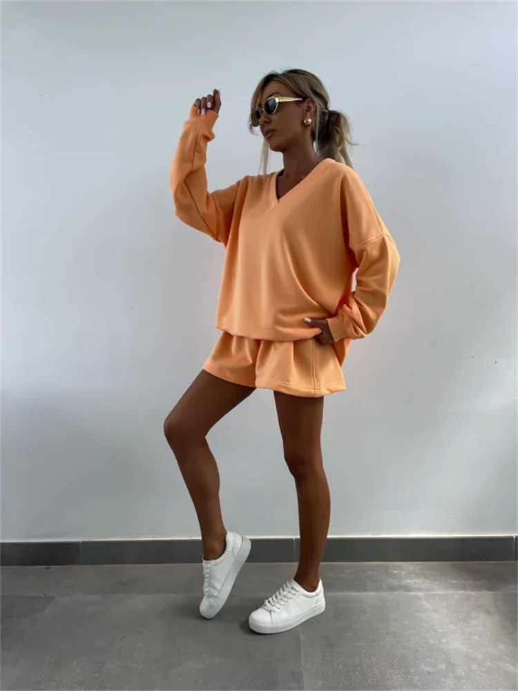 Casual Striped Suit For Women V-neck Long-sleeved Loose Top Paired With Shorts In The Same Color Ladies Spring Summer 2piece Set_voghion.com
