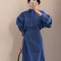 早秋穿搭蓝色长袖衬衫连衣裙子女早秋季2025新感套装长裙