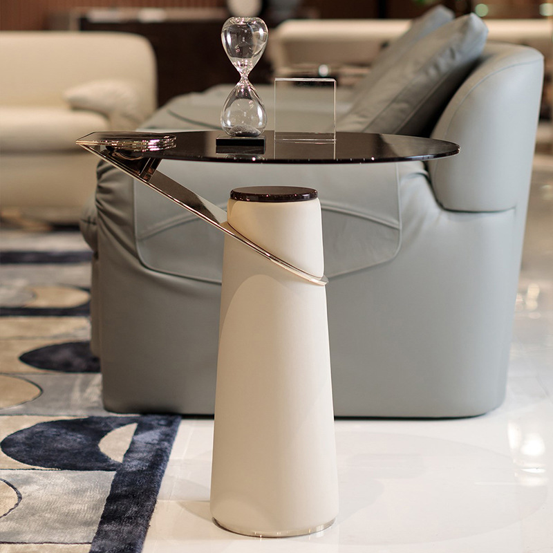 意式輕奢鋼化玻璃創意小茶几咖啡邊桌簡約現代客廳設計師圓形邊幾