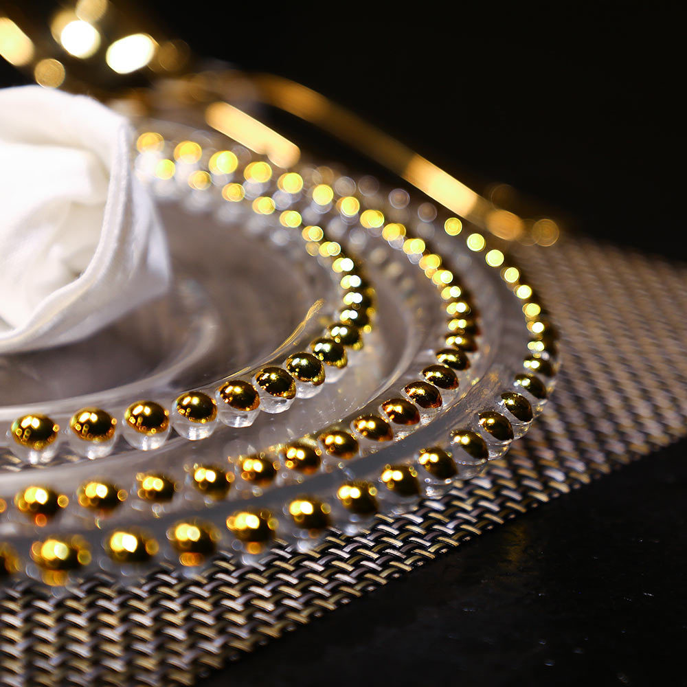 Nórdico creativo placa de cuentas de oro de vidrio transparente estilo europeo plato de merienda hogar plato de ensalada de frutas plato de postre placa de perlas