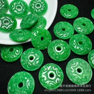 翡翠干青雕花22mm玉扣平安扣批发 古风吊坠DIY耳坠吊坠玉配件批发