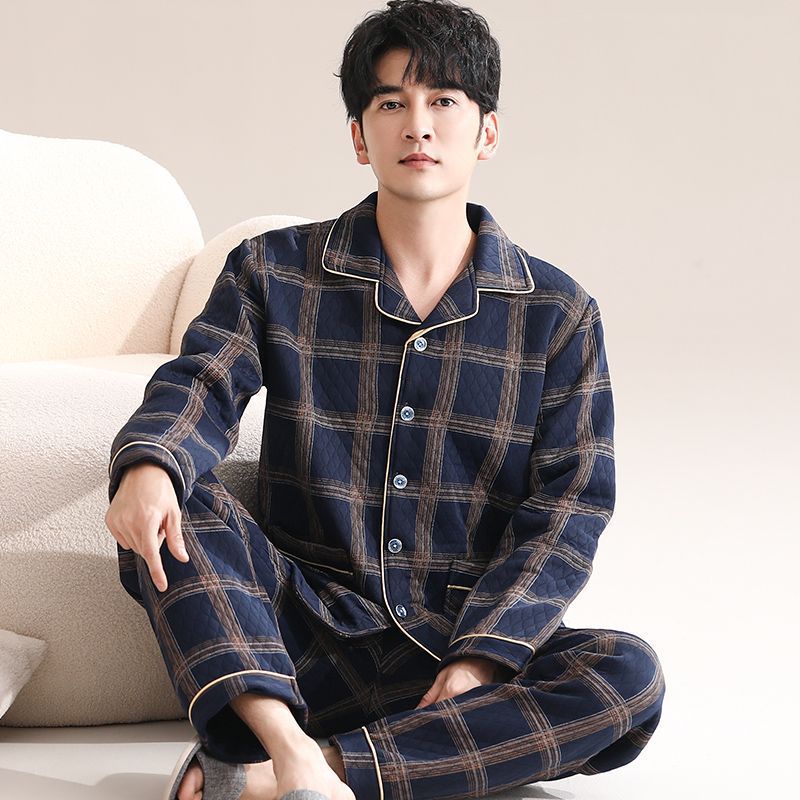 Pijamas de algodón para hombres de manga larga primavera y otoño delgada intercalación casual ropa de hogar suelta primavera y otoño
