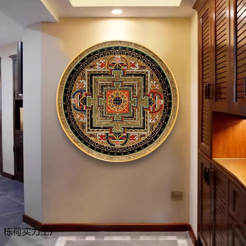 唐卡装饰画六字真言招财玄关客厅西藏佛堂壁画心经圆形挂画免打孔