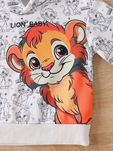 Cross-border INS Infants, children, boys, spring and autumn, fleece hooded lion print long-sleeved top and trouser set