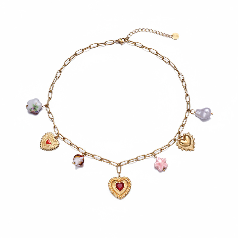Tina Europa y los Estados Unidos transfronterizos nuevos collares de acero de titanio de amor universal lujo ligero de alta calidad cerámica flor corazón de桃 cadena clavícula mujer