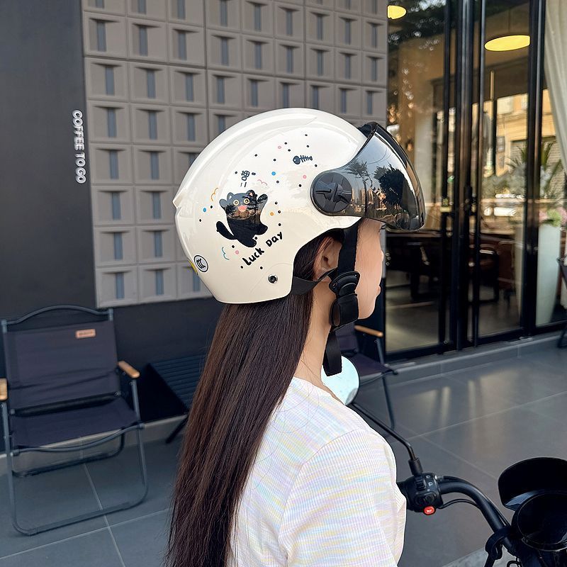 3C Certified Electric Vehicle Helmet Women's Battery Car Safety Helmet Four Seasons Universal Motorcycle Half Helmet Summer Little Cat