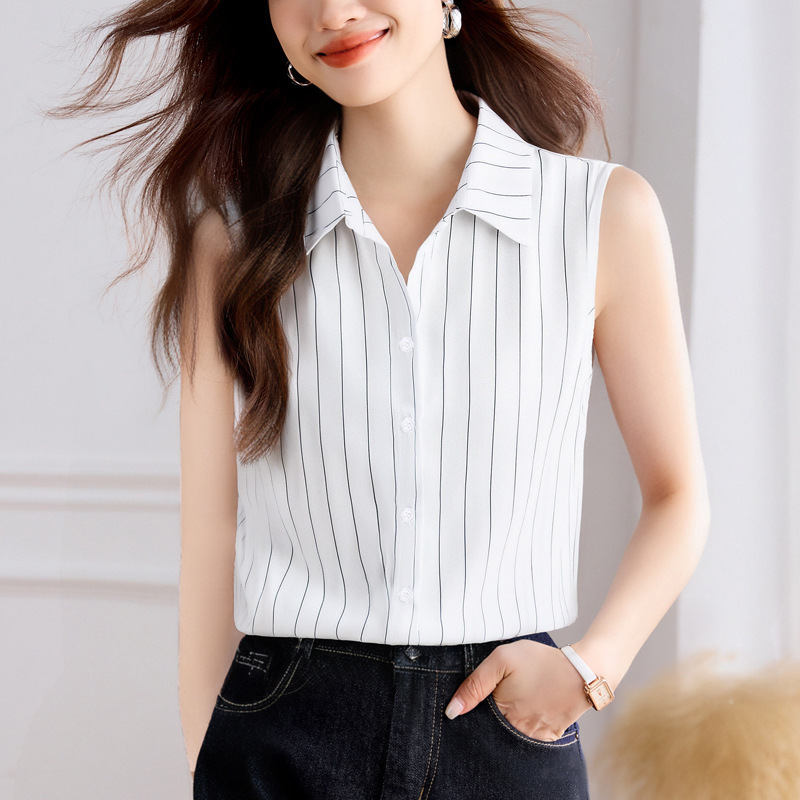 Boutique Silk Shirt for Women 2026 Summer New Style Elegant Versatile Shirt Ladies' Fashionable Sleeveless Striped Blouse