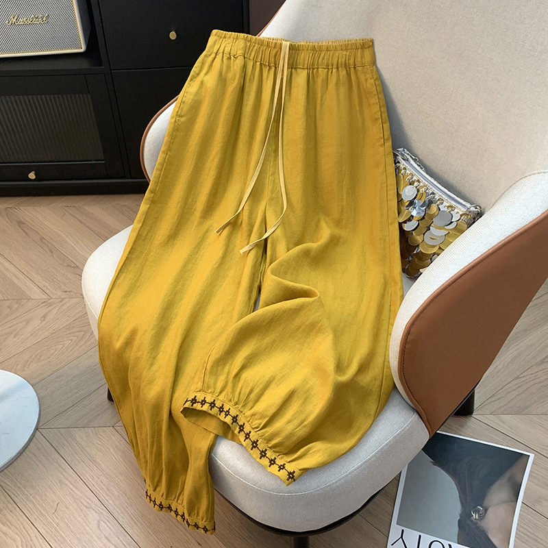 実物写真夏の新しいレトロリネン刺繍ブルマ女性のレースアップ弾性ウエストルーズカジュアルパンツワイドレッグパンツ|undefined
