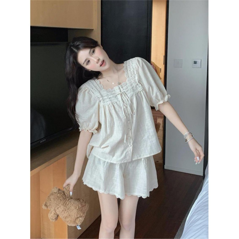 Corea del Sur ins verano de las mujeres francés algodón lino color sólido dulce encaje princesa estilo Manga corta pantalones cortos pijamas traje