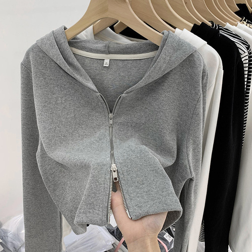 Designers' Double-Zip Grey Long-Sleeve Women's Sweatshirt Spring Autumn Hooded Sweatshirt Stylish and Slimming Short-Sleeve Top