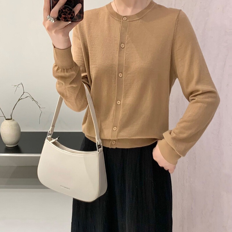 Spring and Summer 48-Count Fine-Spun Merino Wool Knit T-Shirt with Round Neck, Long Sleeves, Thin Sun-Protection, Loose Fit, Single-Breasted Cardigan