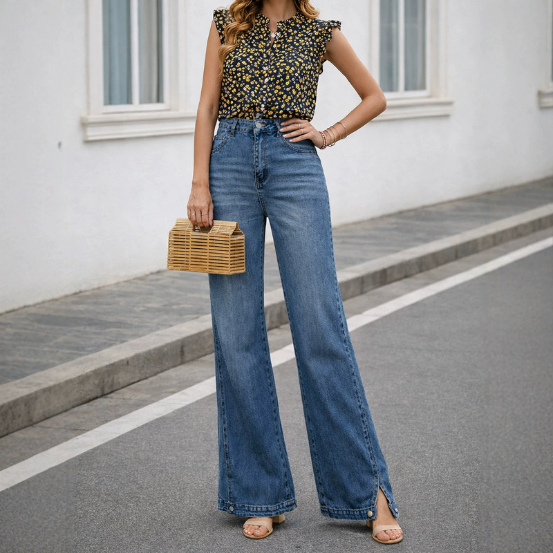 European size loose flared jeans with side slits and patchwork, Amazon TK Russia OZON European size jeans