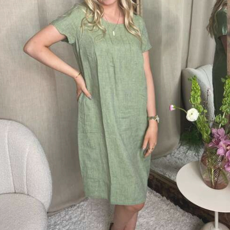 Amazon AliExpress independent station Europe and the United States cross-border new round neck short sleeve toothpick strip cotton and linen pocket dress women