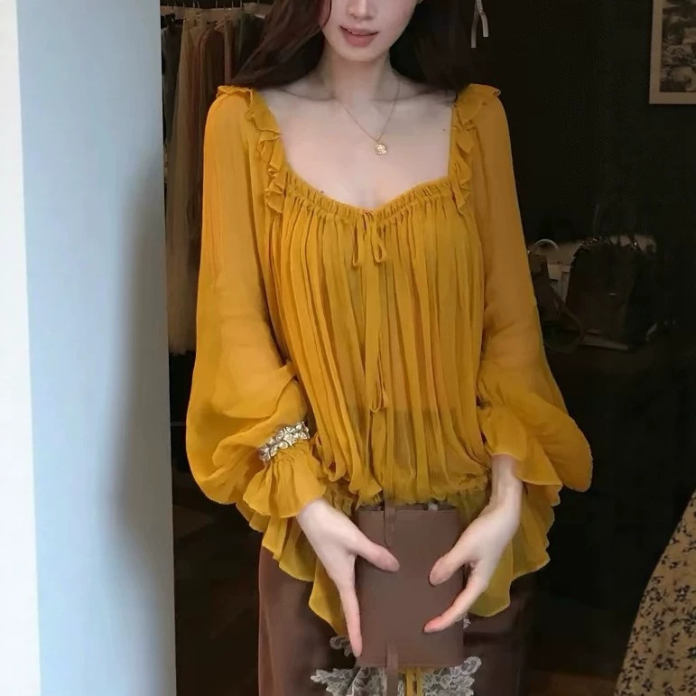 French-style textured tie-front top, early autumn women's ruffled square neck tie-front long-sleeved cover-up
